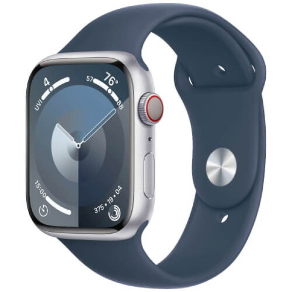 Apple WATCH Series 9 45mm GPS + Cellular Silver Aluminium Case with Storm Blue Sport Band M/L (MRMH3)