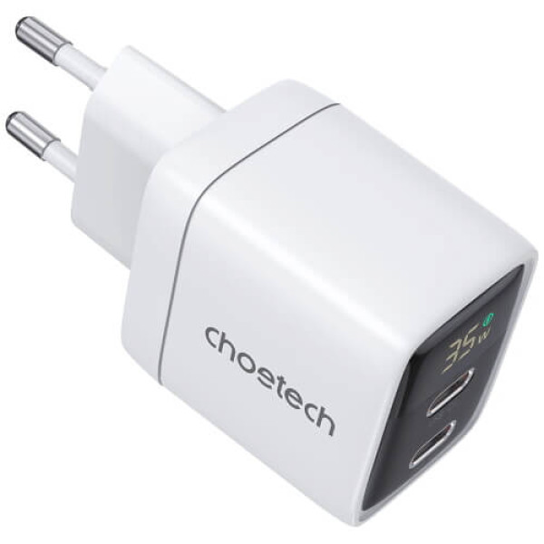 Сетевое зарядное устройство Choetech 35W GaN Dual USB-C Display Wall Charger White (PD6051-WH)