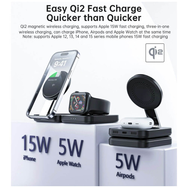 Беспроводное зарядное устройство Choetech Qi2 3-in-1 Foldable Magsafe Wireless Charger (T636-F)