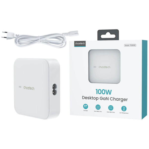 Сетевое зарядное устройство Choetech PD 100W GaN desktop 2C+2A Charger White (PD8008)