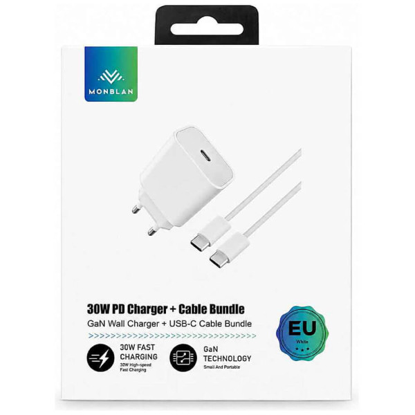 Сетевое зарядное устройство Monblan 30W USB-C + кабель USB-C to USB-C White