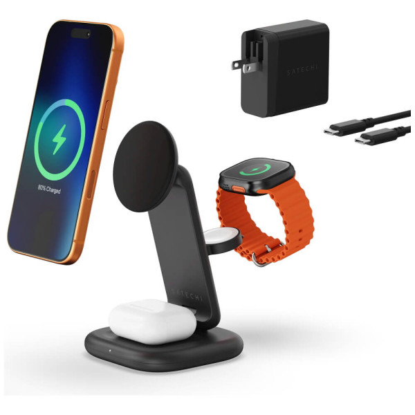 Беспроводное зарядное устройство Satechi 3-in-1 Foldable Qi2 25W Wireless Charging Stand Space Gray (ST-Q25F31C-EA)