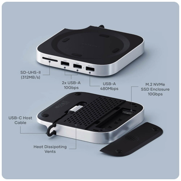 Подставка-хаб Satechi Mac Mini M4 Stand & Hub with SSD Enclosure Silver (ST-GNMMES)