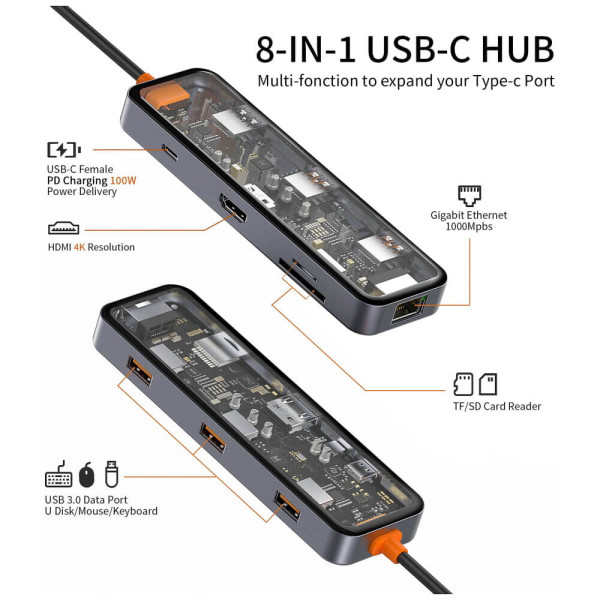 Хаб WIWU USB-C 8in1 Cyber Hub Series Space Gray (CB008)