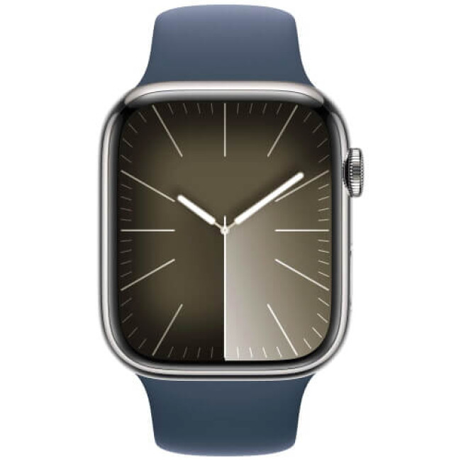 Apple Watch Series 9 GPS + Cellular 41mm Silver Stainless Steel Case with Storm Blue Sport Band S/M (MRJ23)