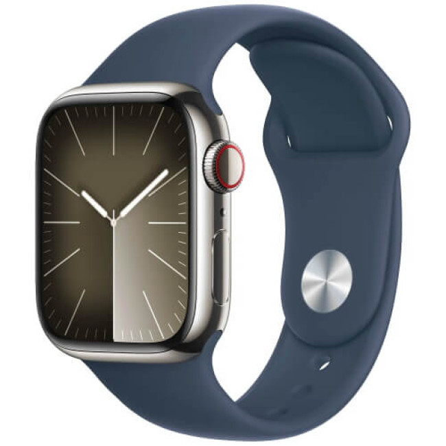 Apple Watch Series 9 GPS + Cellular 41mm Silver Stainless Steel Case with Storm Blue Sport Band S/M (MRJ23)