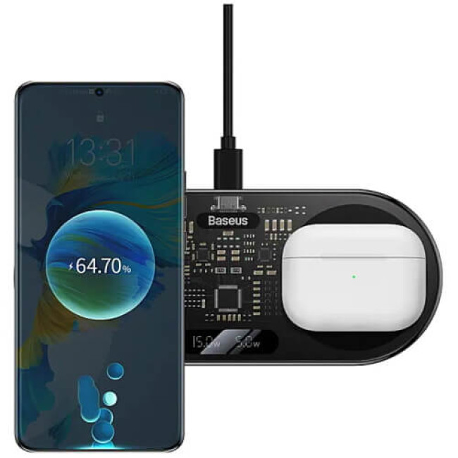 Беспроводное зарядное устройство Baseus Digital LED Display 2-in-1 Wireless Charger Universal Version 20W Black (WXSX010101)