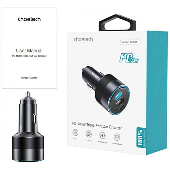 Автомобильное зарядное устройство Choetech 130W 3 Port Fast Car Charger (TC0011-BK)