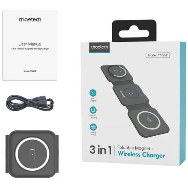 Беспроводное зарядное устройство Choetech 3 in 1 Foldable Magnetic Wireless Charger Black (T588-F-BK)