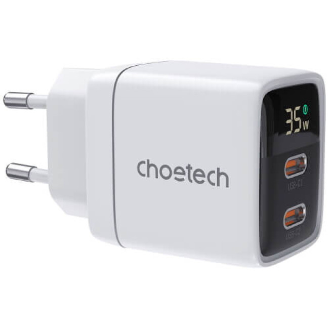 Сетевое зарядное устройство Choetech 35W GaN Dual USB-C Display Wall Charger White (PD6051-WH)