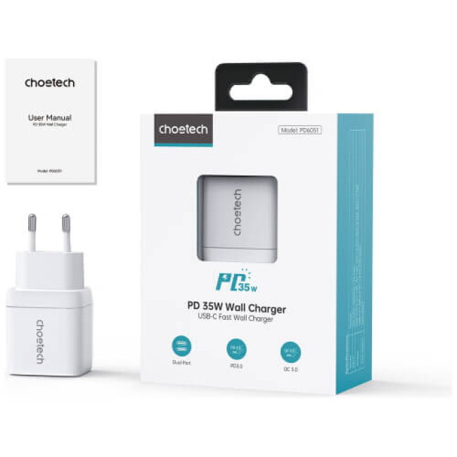 Сетевое зарядное устройство Choetech 35W GaN Dual USB-C Display Wall Charger White (PD6051-WH)