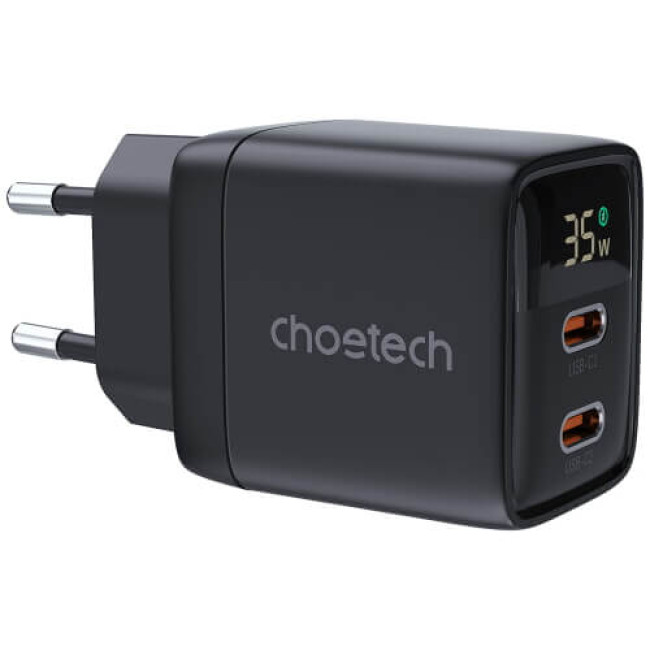 Сетевое зарядное устройство Choetech 35W GaN Dual USB-C Display Wall Charger Black (PD6051-BK)