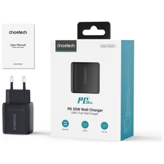 Сетевое зарядное устройство Choetech 35W GaN Dual USB-C Display Wall Charger Black (PD6051-BK)