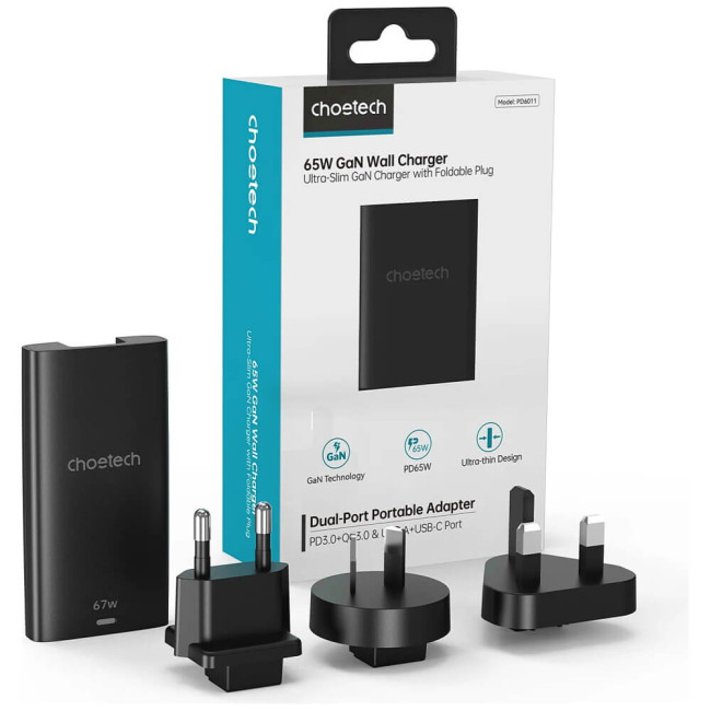 Сетевое зарядное устройство Choetech 67W GaN Ultra thin A+C Wall Charger Black (PD6011-BK)