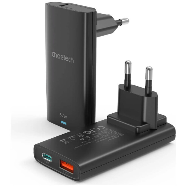Сетевое зарядное устройство Choetech 67W GaN Ultra thin A+C Wall Charger Black (PD6011-BK)
