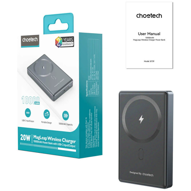 Внешний аккумулятор Choetech PD 20W 10000 mAh Ultra-Thin Magnetic Power Bank Black (B739-BK)