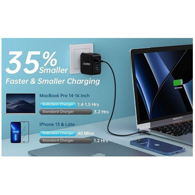 Сетевое зарядное устройство Choetech PPS PD GaN 100W Charger Dual USB-C+ Single USB-A Black (PD8005)