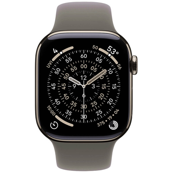 Apple Watch Series 11 46mm Natural Titanium Case with Stone Gray Sport Band S/M (MFCW4)