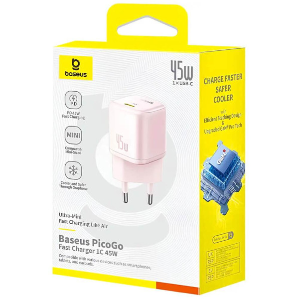 Мережевий зарядний пристрій Baseus PicoGo GaN Fast Charger 45W Baby Pink (P10176800413-00)