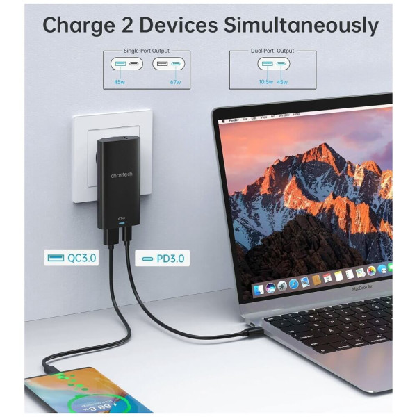 Мережевий зарядний пристрій Choetech 67W GaN Ultra thin A+C Wall Charger Black (PD6011-BK)