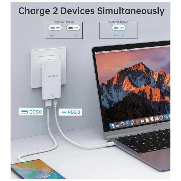 Мережевий зарядний пристрій Choetech 67W GaN Ultra thin A+C Wall Charger White (PD6011-WH)