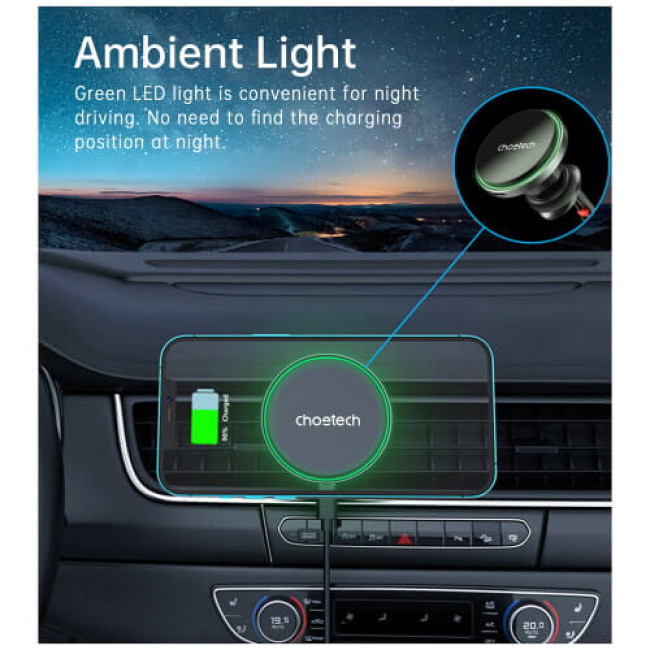 Автомобільний зарядний пристрій Choetech 15W Magnetic Сar Сharger (Alluminium) Green (T204-F)