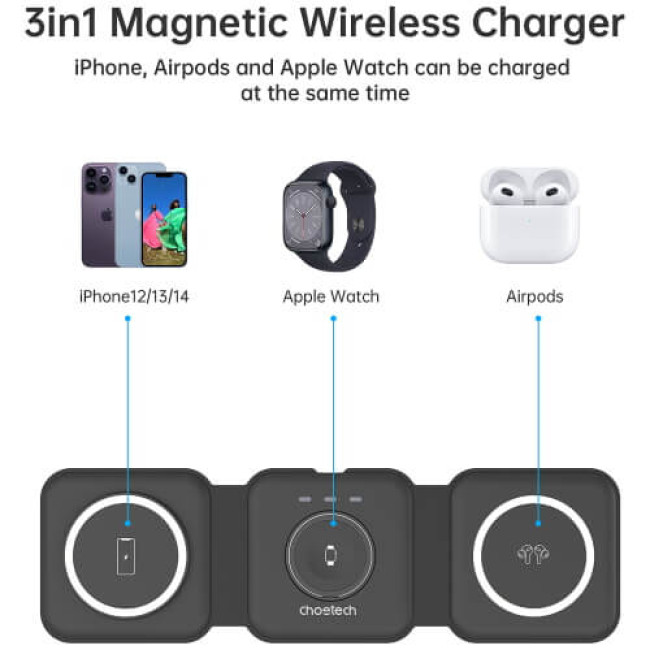 Бездротовий зарядний пристрій Choetech 3 in 1 Foldable Magnetic Wireless Charger Black (T588-F-BK)