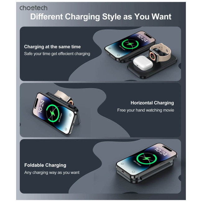 Бездротовий зарядний пристрій Choetech 3 in 1 Foldable Travel Charger Pad Black (T616-F-BK)