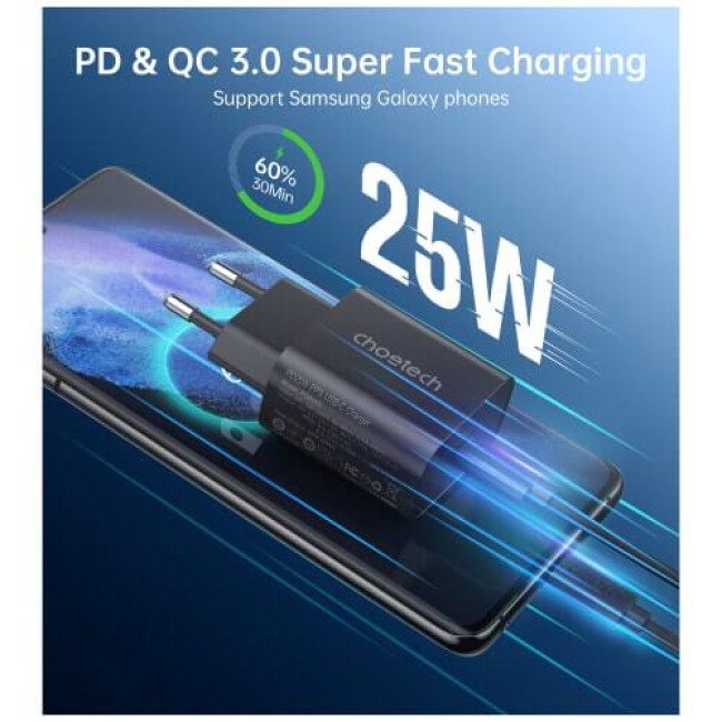 Мережевий зарядний пристрій Choetech USB-C 25W PPS Charger Black (PD6003)