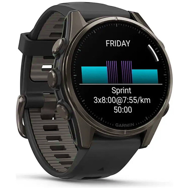 Смарт-годинник Garmin Fenix 8 43mm AMOLED Sapphire Carbon Gray DLC Tit. w. Black/Pebble Gray S. Band (010-02903-20/21) ГАРАНТІЯ 3 міс.