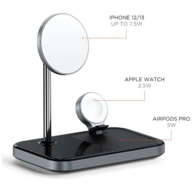Бездротовий зарядний пристрій Satechi Aluminum 3 in 1 Magnetic Wireless Charging Stand Space Gray (ST-WMCS3M)