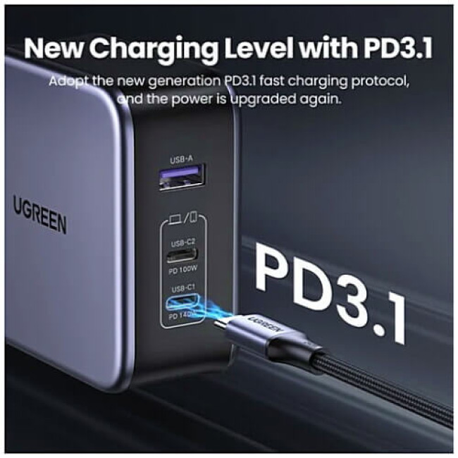 Мережевий зарядний пристрій Ugreen Wall Charger 2xUSB-C+USB CD289 GaN 140W з USB-C Cable Gray (90549)