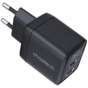 Мережевий зарядний пристрій Choetech 35W GaN Dual USB-C Display Wall Charger Black (PD6051-BK)